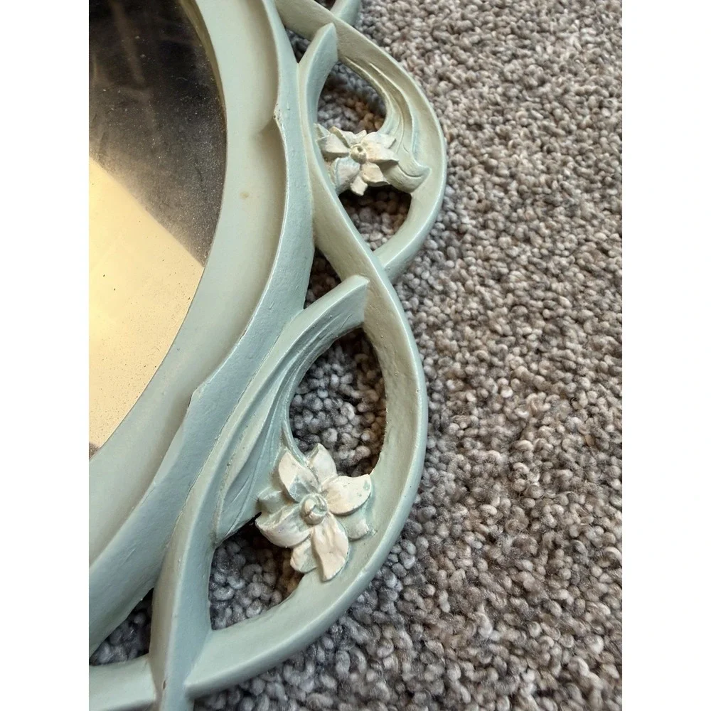 Vintage Light Blue Syroco Wood Oval Mirror Pink Flowers Syracuse NY 13